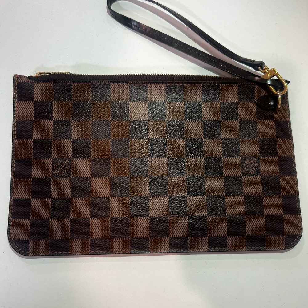 Louis Vuitton Damier Ebene Canvas Neverfull Pouch MM with Wristlet Strap